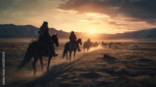 Mongolian warriors on horses going into battle