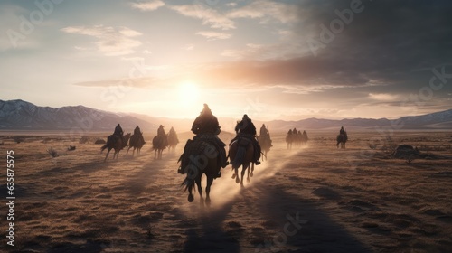 Fotografia Mongolian warriors on horses going into battle