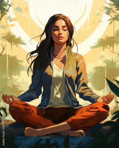 Serene Yoga Illustrate her in a yoga pose eyes closed - colorfull graphic novel illustration in comic style