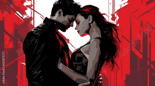 Sin City Couple in Love Black and white - colorfull graphic novel illustration in comic style