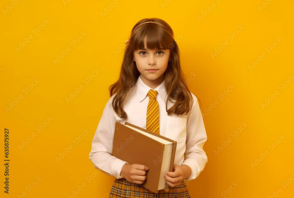 Adorable Smart Girl with Glasses Holding a Book in Hand on Orange Background - AI generated Adorable Smart Girl with Glasses Holding a Book in Hand on Orange Background - AI generated