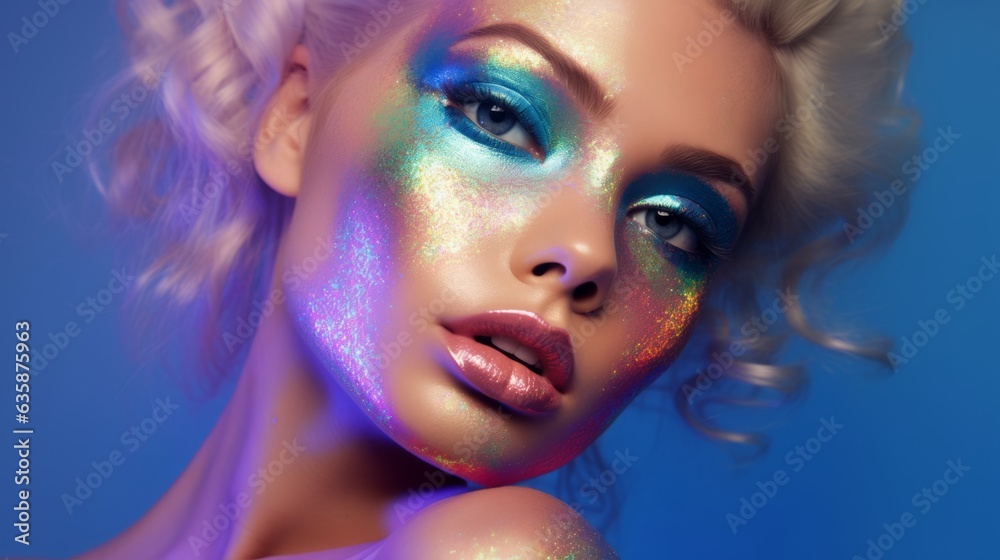 Model girl with glamorous style of colored make-up, blonde with hairstyle and luscious lips. Made in AI