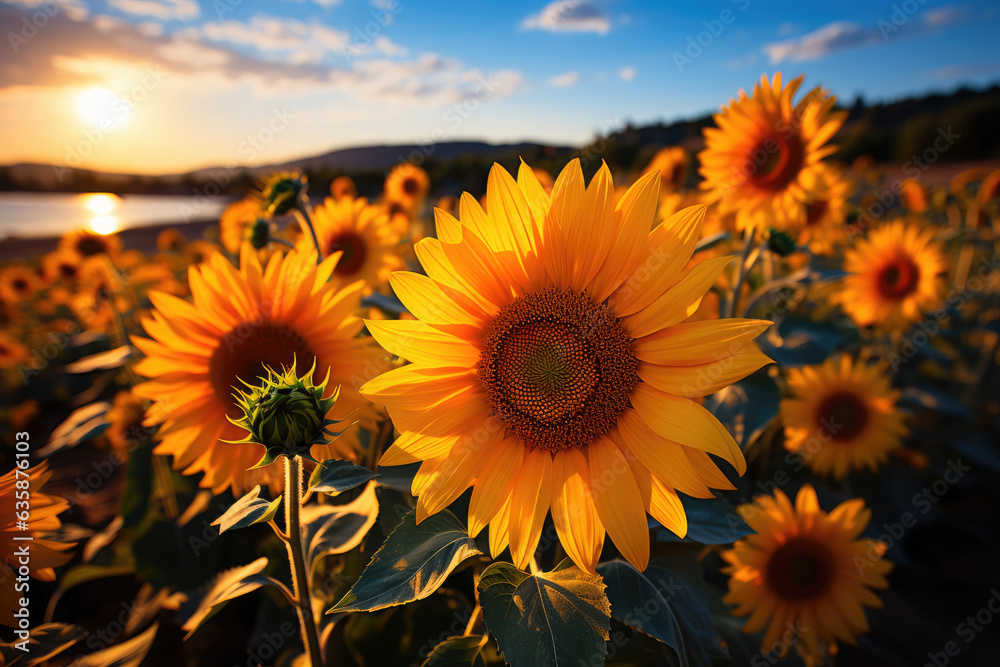 Fototapeta premium Vibrant sunflower field stretching towards the horizon, ai generated.