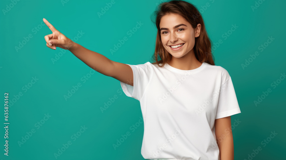 Young woman wearing white T-shirt pointing with hand and finger to the side looking at the camera. Young woman wearing white T-shirt pointing with hand and finger to the side looking at the camera.