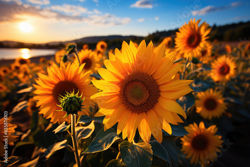 Vibrant sunflower field stretching towards the horizon, ai generated. © Rainbow Kuma