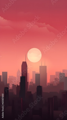 Deep maroon and rose color gradient minimalistic cityscape silhouette skyline hd phone wallpaper, ai generated