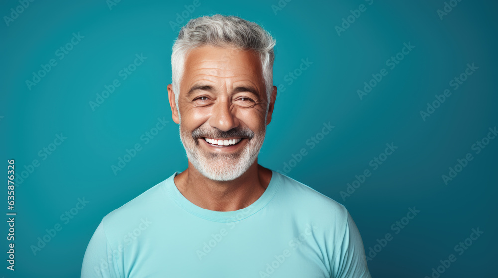 Senior man standing in front of camera in white T-shirt , isolated on blue background Senior man standing in front of camera in white T-shirt , isolated on blue background