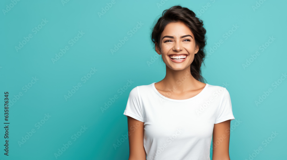 Young female standing in front of camera in white T-shirt , isolated on blue background Young female standing in front of camera in white T-shirt , isolated on blue background