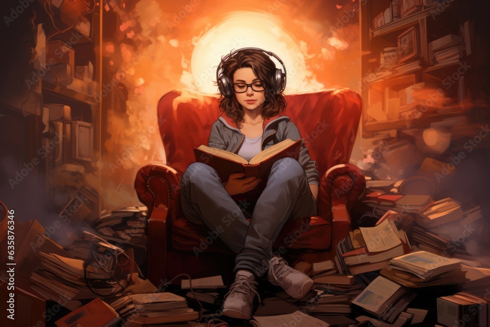 Curled-Up Reading Show her sitting - colorfull graphic novel illustration in comic style