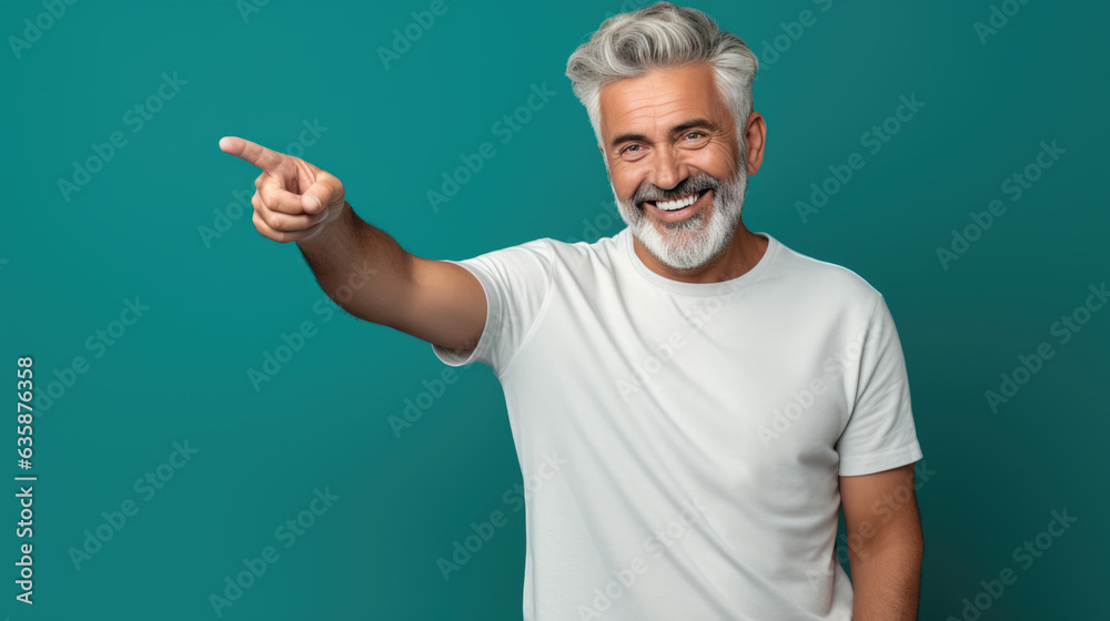 Fototapeta premium Senior man wearing white T-shirt pointing with hand and finger to the side looking at the camera.