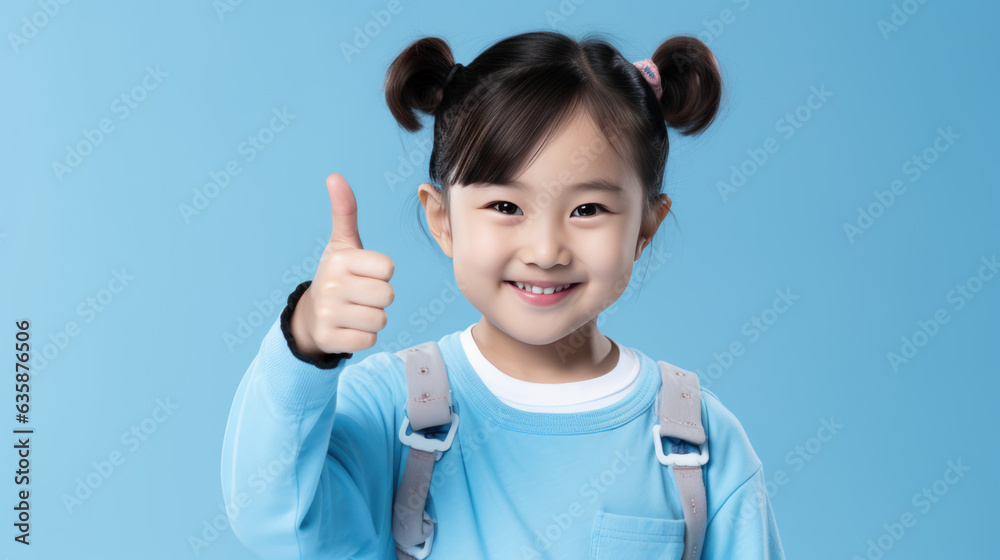 Little girl holding her thumb up against a blue background. Little girl holding her thumb up against a blue background.