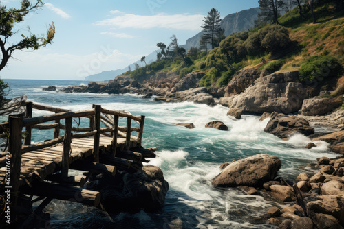 wooden bridge, the Dramatic coastal cliffs standing tall against the crashing waves, ai generated.