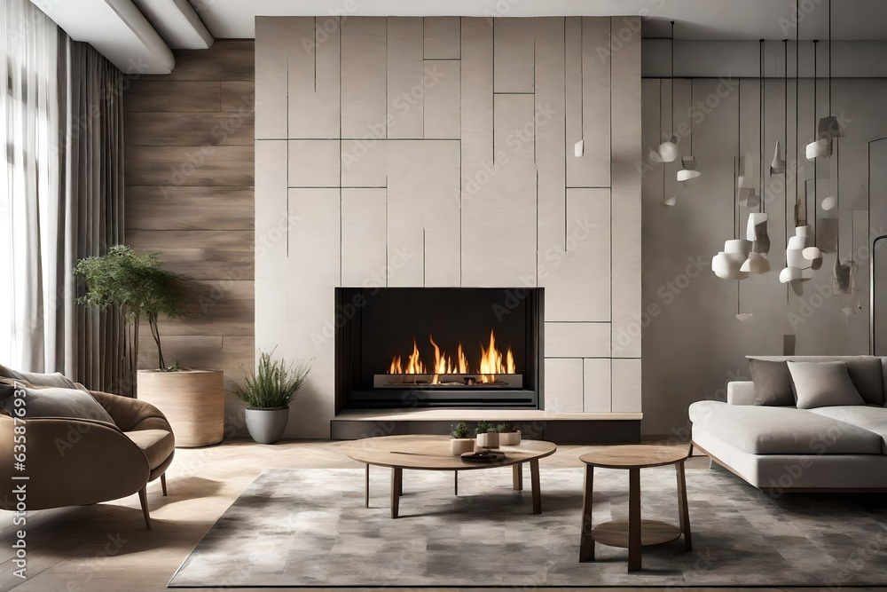 Fototapeta premium Fireplace decorated with stone tiles in minimalist interior design of modern living room with sofa , Generative ai