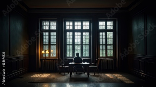 A man sits on a chair in the middle of the room and looks at the light in the window. view of a lonely man sitting in a dark room. Hope concept, mental health. generarive ai 