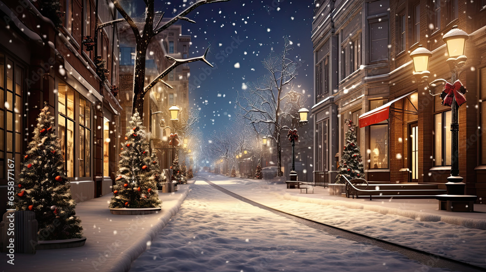 Snow-covered streets transformed into an enchanting Christmas wonderland at the heart of the city, adorned with a splendid pine tree