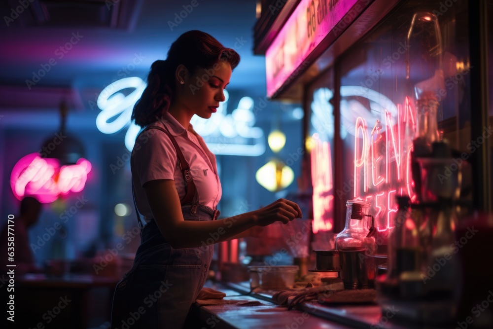 Neon Night Shift Illuminate the diner with neon lights  - colorfull graphic novel illustration in comic style - obrazy, fototapety, plakaty 