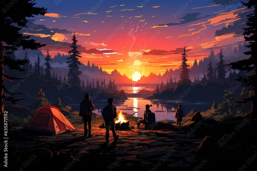Obraz premium Outdoor Adventure Illustrate the group hiking camping - colorfull graphic novel illustration in comic style