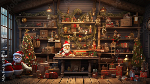 In Santa's North Pole workshop, cheerful elves create presents for the festive Christmas evening, bringing happiness to people all around the globe
