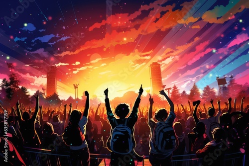 Music Festival Vibes Depict the group dancing - colorfull graphic novel illustration in comic style