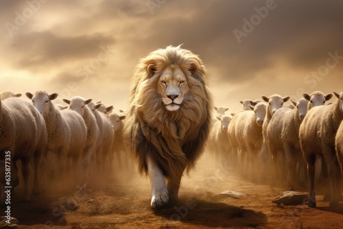 Savannah lion advancing among sheep flock, Crowd, Masses, Differentiating, Wallpaper. OUT OF THE CROWD. A majestic lion makes its way with imperious air distinguishing himself by the herd. photo