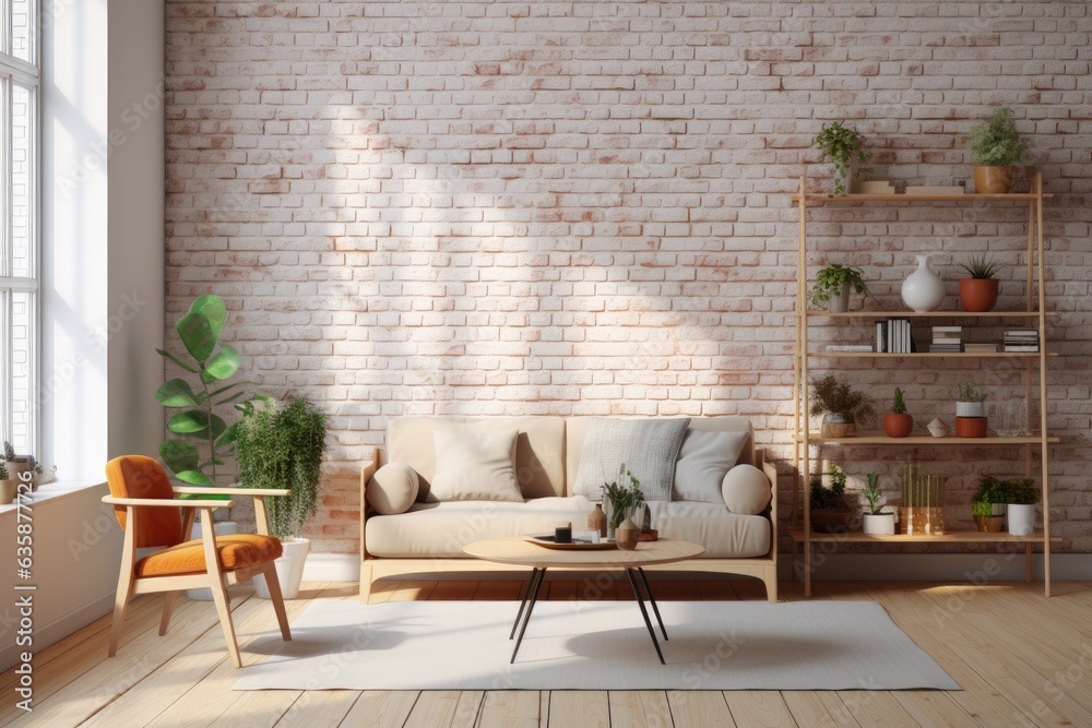 Obraz premium Scandinavian living room mock up with wooden furniture.