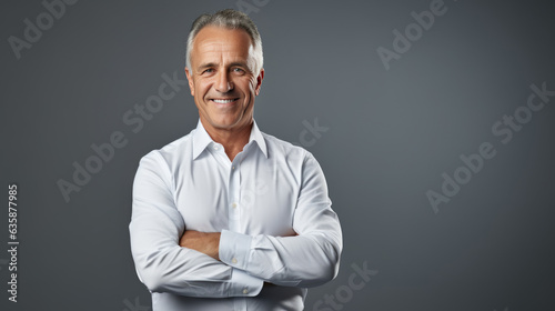 Successful businessman with crossed arms stands on a gray background.