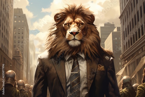 Determined lion man, Self-confident, Resolute, Skyscrapers, Businessman, Self-control, Fearless, Wallpaper. THE CONTRARIAN. Walking with self-control in the opposite direction of a popular uprising