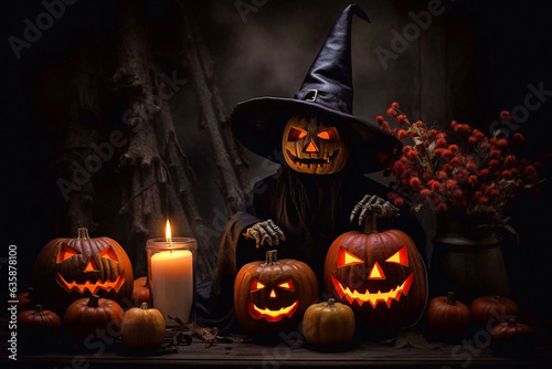 Halloween. Scary smiling pumpkins with a scarecrow in a black hat. Generative AI