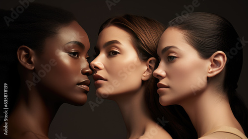 Beauty. Multi Ethnic Group of Womans with diffrent types of skin together against grey background. Created with Generative AI technology.