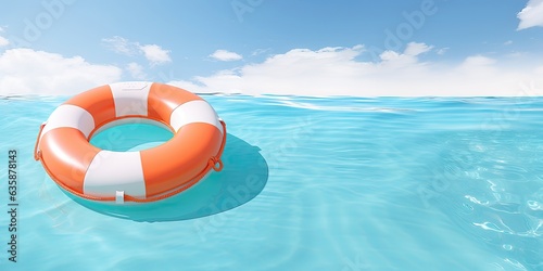 Lifebuoy floating in the sea on a sunny day. 3d render. Copy space for your text