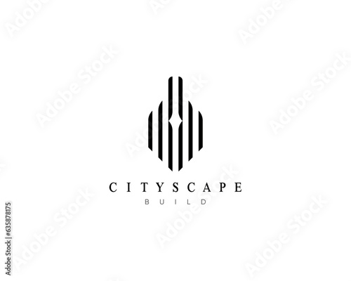 City building logo. Modern building, apartment complex, real estate, property, residence, cityscape, skyscraper and city landscape logo design concept.