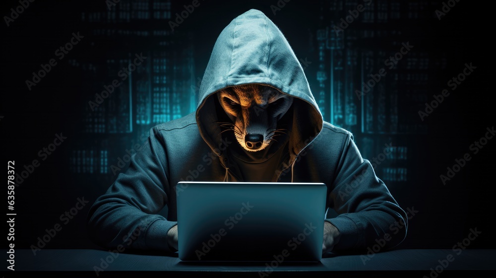 Hacker, Hooded Fox, Pc, Laptop, Computer, Notebook, Cybersecurity, Cyber Attack. YOUR DATA AR RISK! Dark background. Illustration suitable for the awareness campaign on the subject of cyber security - obrazy, fototapety, plakaty 