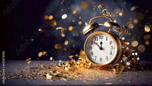 Christmas clock, golden confetti, midnight. Generative AI