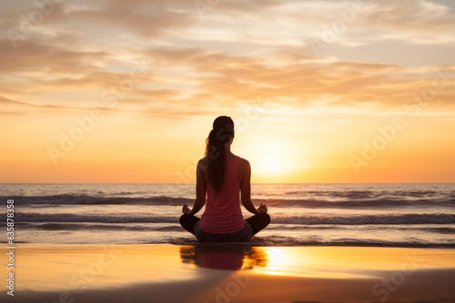 A young woman practicing yoga on a serene beach at sunrise - wellness and mindfulness concept Stock photo for health and fitness publications