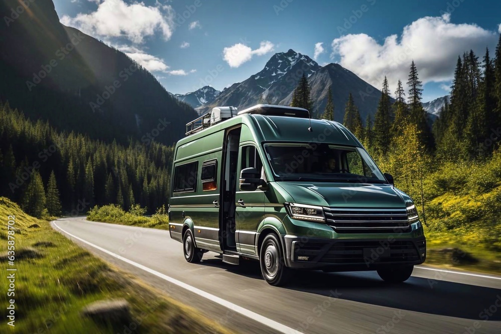 Camper van drives on the road against the background of mountains and forest. Generative AI