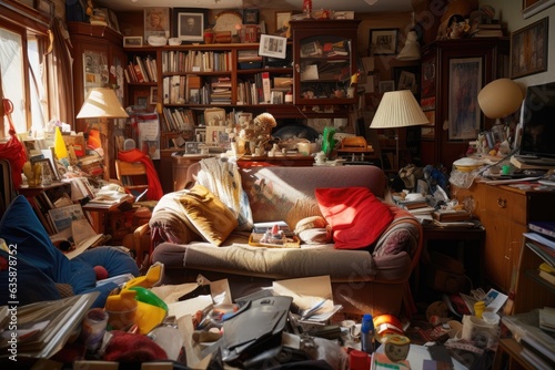 disorderly view of a cluttered living room with scattered items