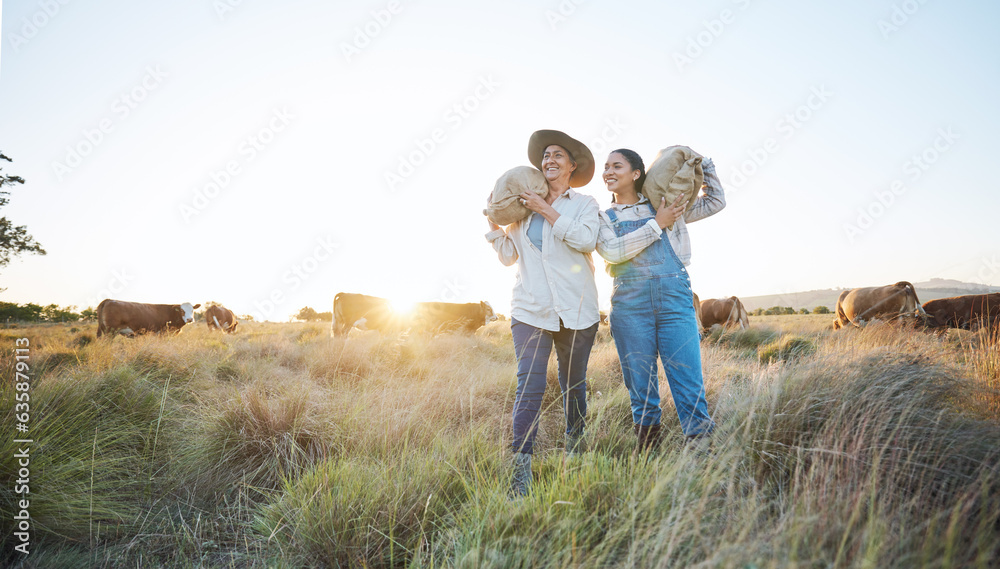 Farmer, women and agriculture, field and sack of grain with sustainability, partnership and livestock. Cow farm, agro business and team, countryside and environment with support, sunrise and nature