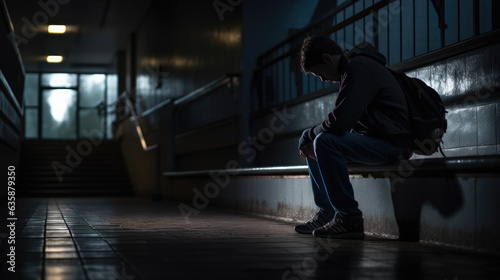 Canvas Print Depressed man in a dark corridor of a building.