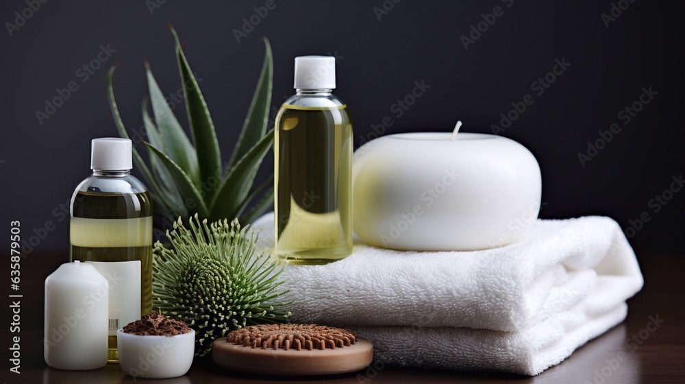 Cosmetics for body care. Massage oils and Towels with candles and flowers. Spa. Generative AI