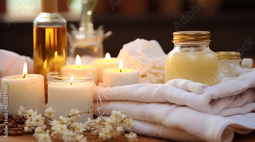 Cosmetics for body care. Massage oils and towels with candles and creams on a background of flowers. Spa. Generative AI