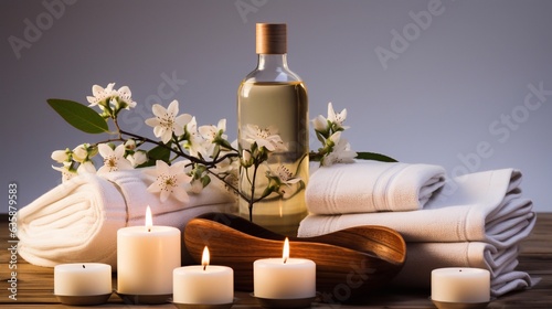 Cosmetics for body care. Towels with candles and body oil and creams on a background of flowers. Spa. Generative AI