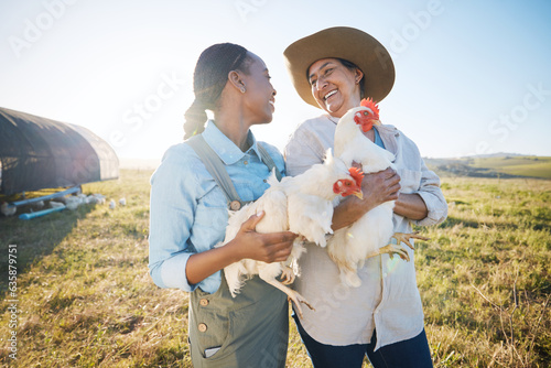 Tela Happy, team of women and chicken on farm in agriculture, bird or meat production in countryside, field or land outdoor