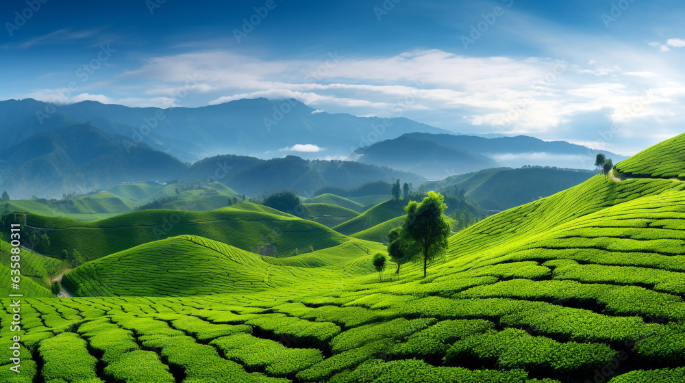 beautiful landscape. green tea plantations at dawn. Generative Ai.