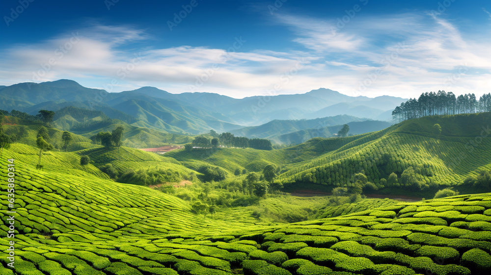 tea plantation illuminated by the bright rays of the sun in the mountains. Generative Ai.