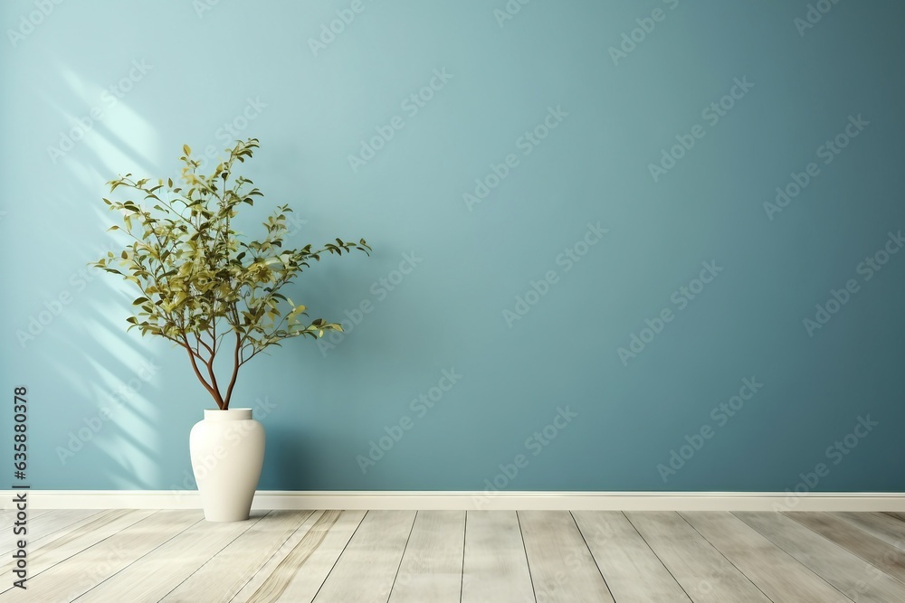 blue wall empty room with green plant in vase. generative ai. blue wall empty room with green plant in vase. generative ai.
