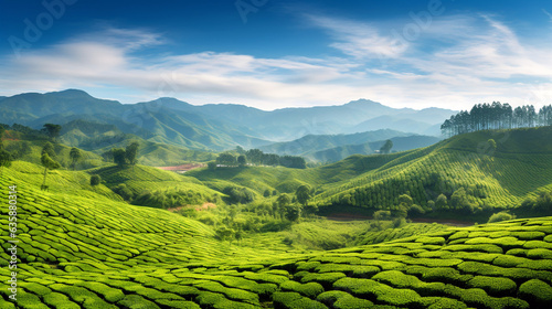tea plantation illuminated by the bright rays of the sun in the mountains. Generative Ai. © PETR BABKIN