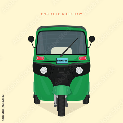 Popular transport CNG Auto Rickshaw, Indian Auto Rickshaw frontal, Vector Illustration.