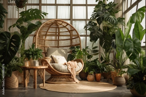 Eco friendly interior design with sustainable materials, indoor greenhouse, rattan chair, jute carpets, and giant Monstera Deliciosa houseplant.
