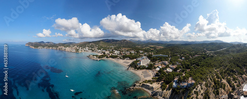  Panoramic view of Peguera resort in Majorca island. Beautiful scene of the seacost with a blue sea and Mediterranean landscape	