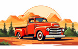 truck on the road in the desert. A vector illustration of an American pickup portrayed in a sleek flat style.